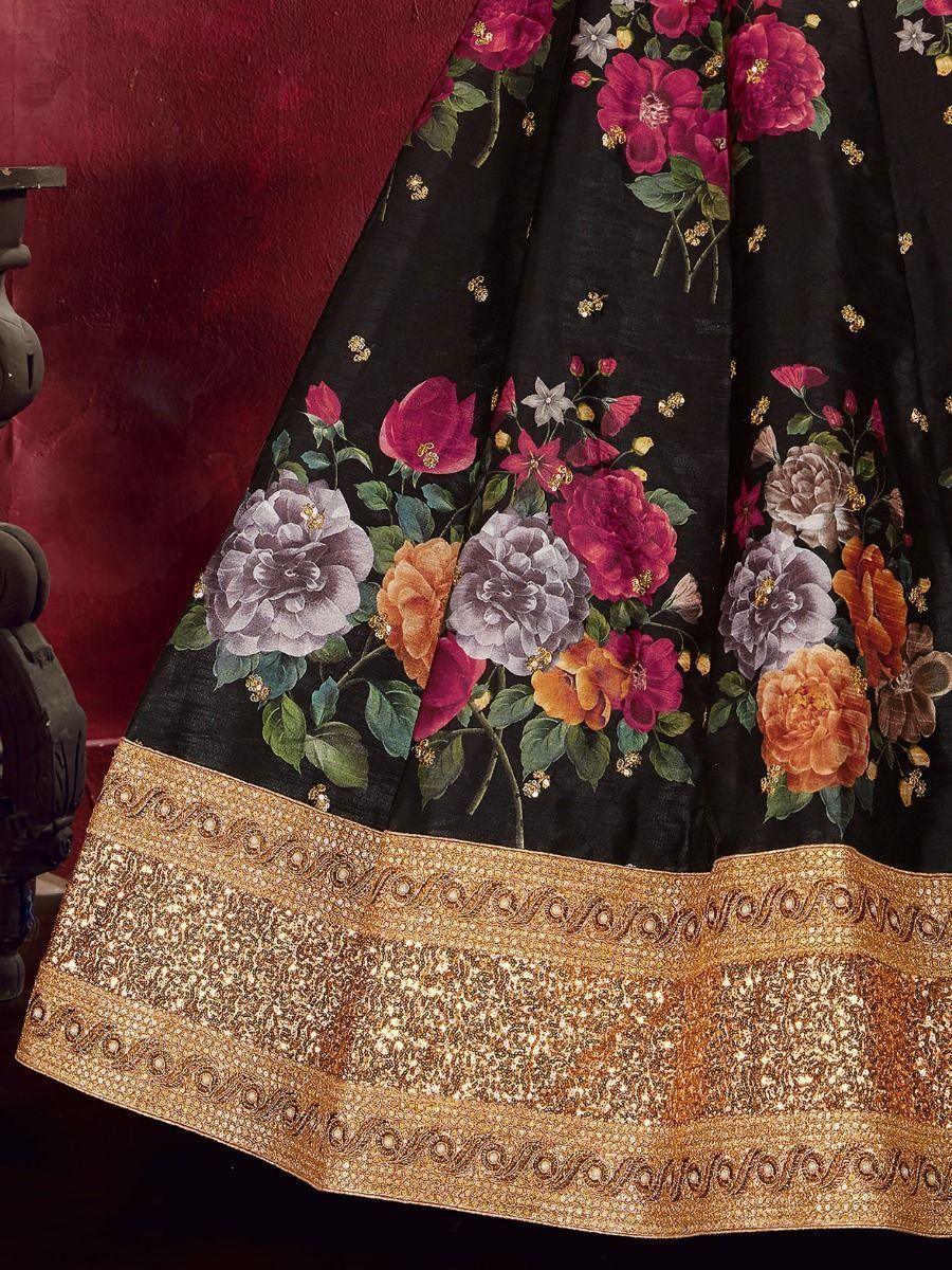 Sophisticated Black Lehenga | Floral Print & Sequins Work for Weddings