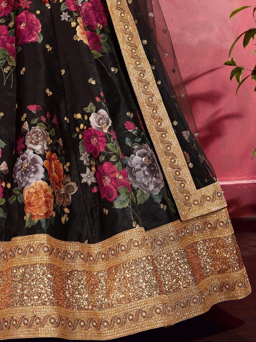 Sophisticated Black Lehenga | Floral Print & Sequins Work for Weddings