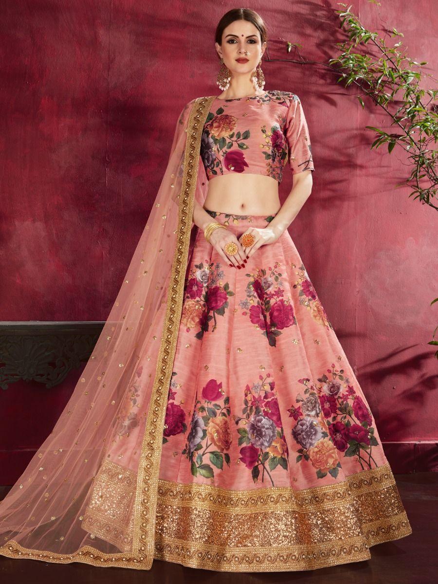 Graceful Peach Lehenga | Banglori Silk with Floral Print & Sequins Embroidery for Receptions