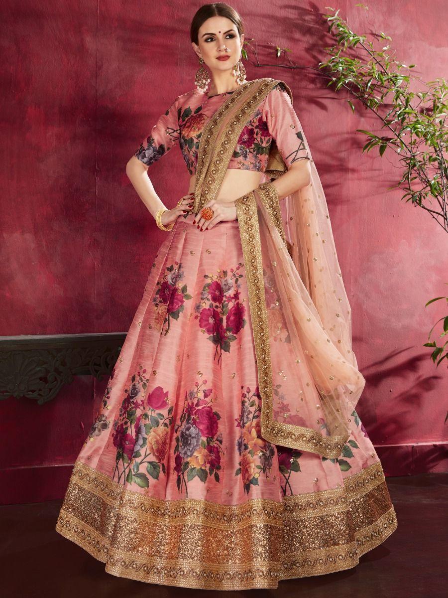 Graceful Peach Lehenga | Banglori Silk with Floral Print & Sequins Embroidery for Receptions