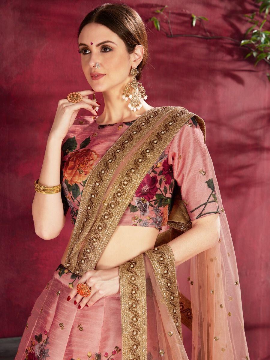 Graceful Peach Lehenga | Banglori Silk with Floral Print & Sequins Embroidery for Receptions