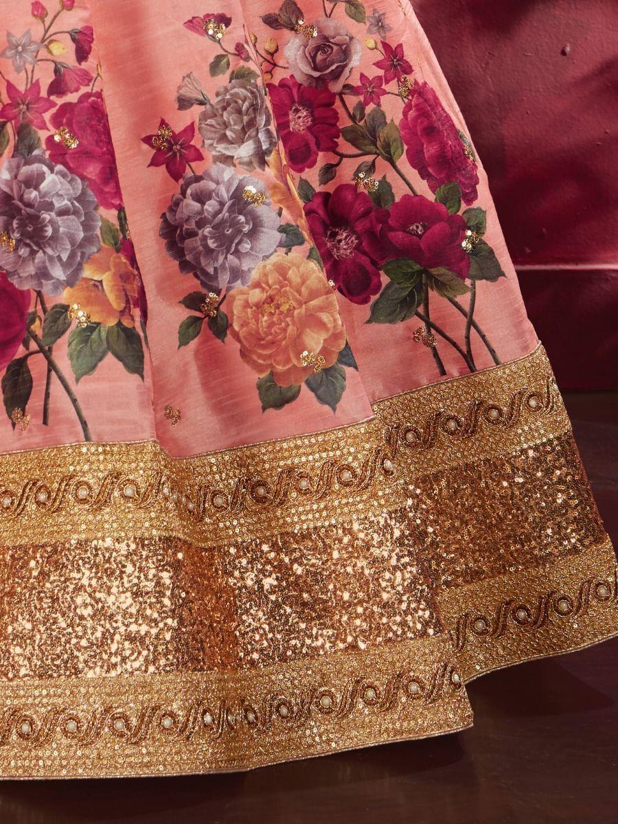 Graceful Peach Lehenga | Banglori Silk with Floral Print & Sequins Embroidery for Receptions