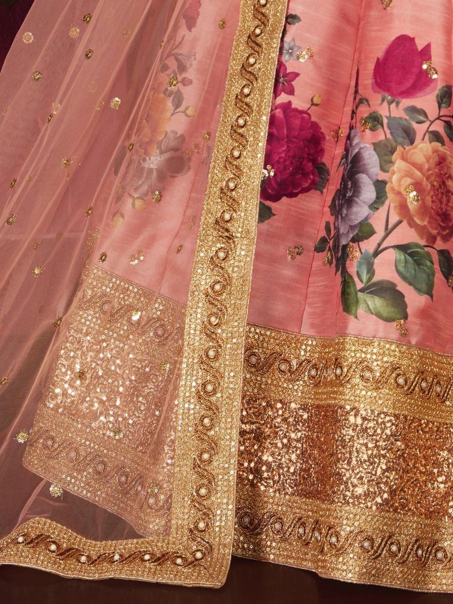 Graceful Peach Lehenga | Banglori Silk with Floral Print & Sequins Embroidery for Receptions