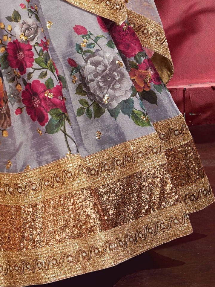 Beautiful Grey Lehenga | Floral Print & Sequins Work with Lace Border Dupatta