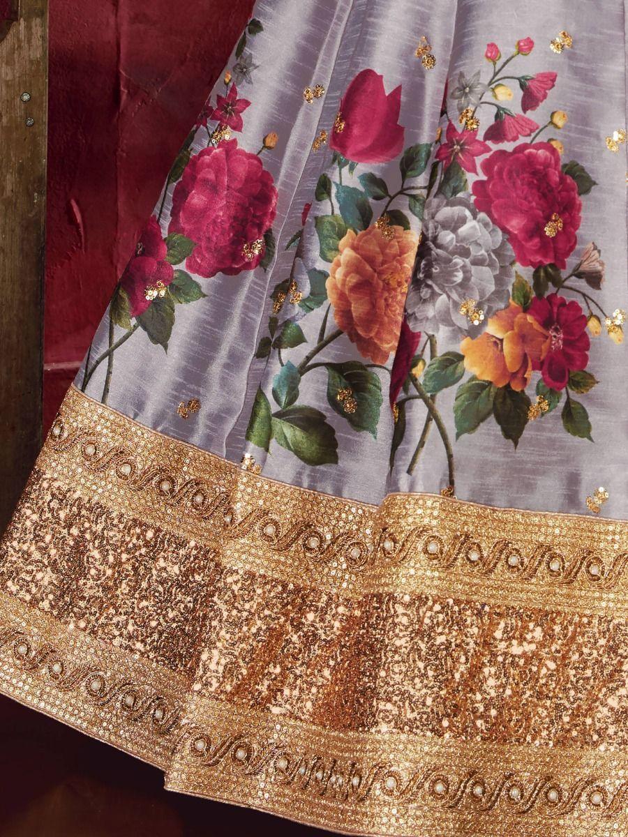 Beautiful Grey Lehenga | Floral Print & Sequins Work with Lace Border Dupatta