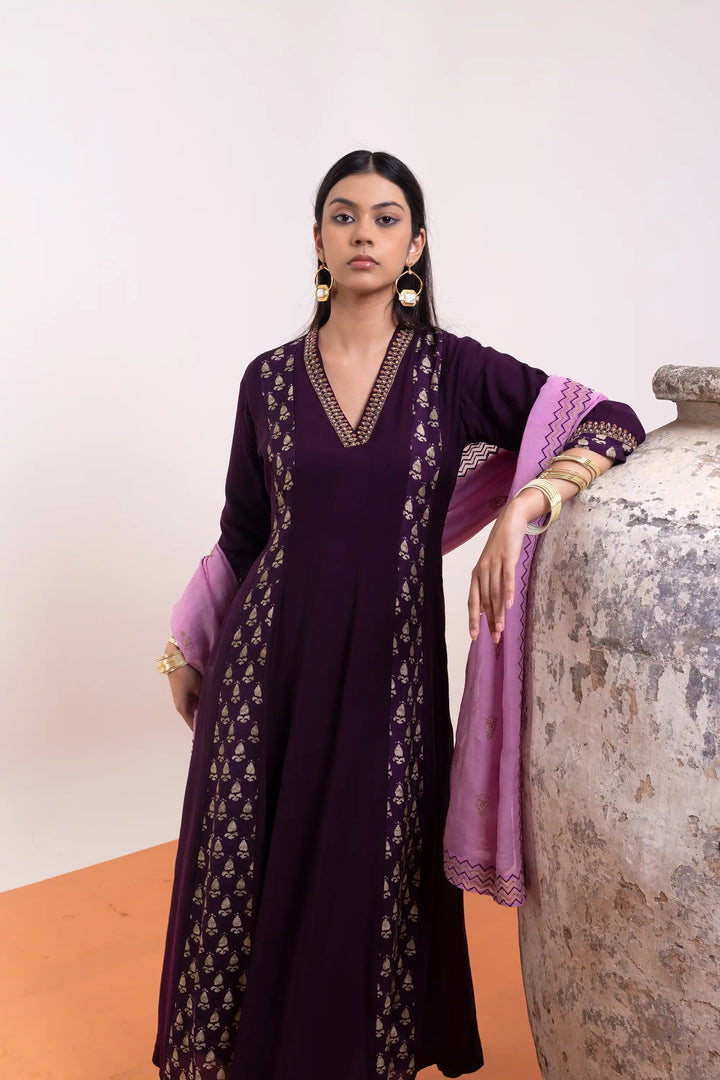 Anarkali dark-purple | A Blend of muslin and khat work hand work linening work f