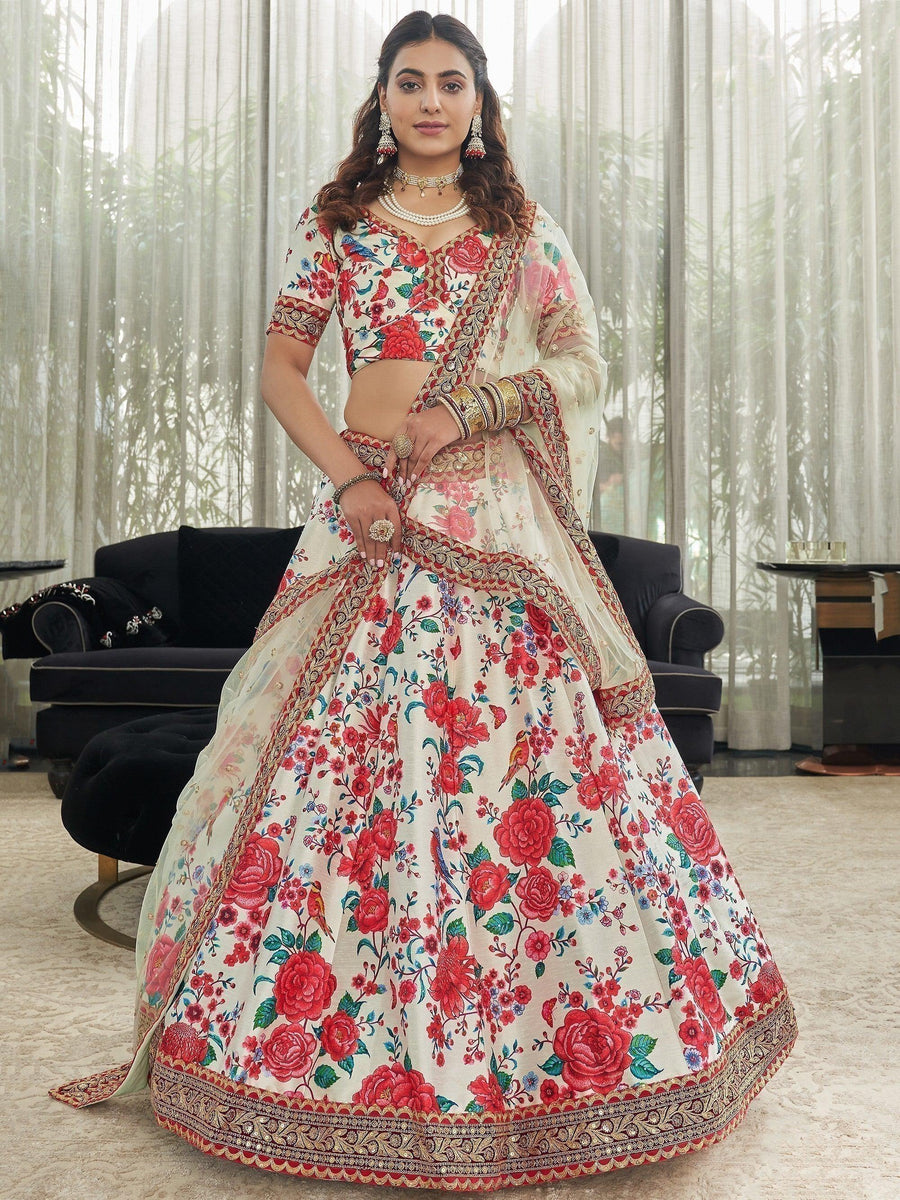 Off-white lehenga with floral print and stonework embellishments.