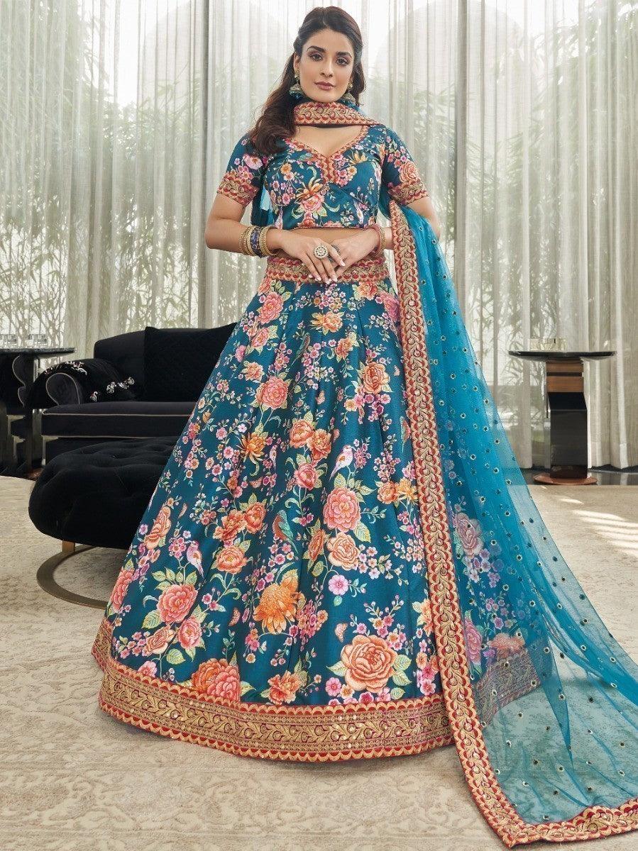 Bridal lehenga choli in art silk with sequins work and embroidered lace