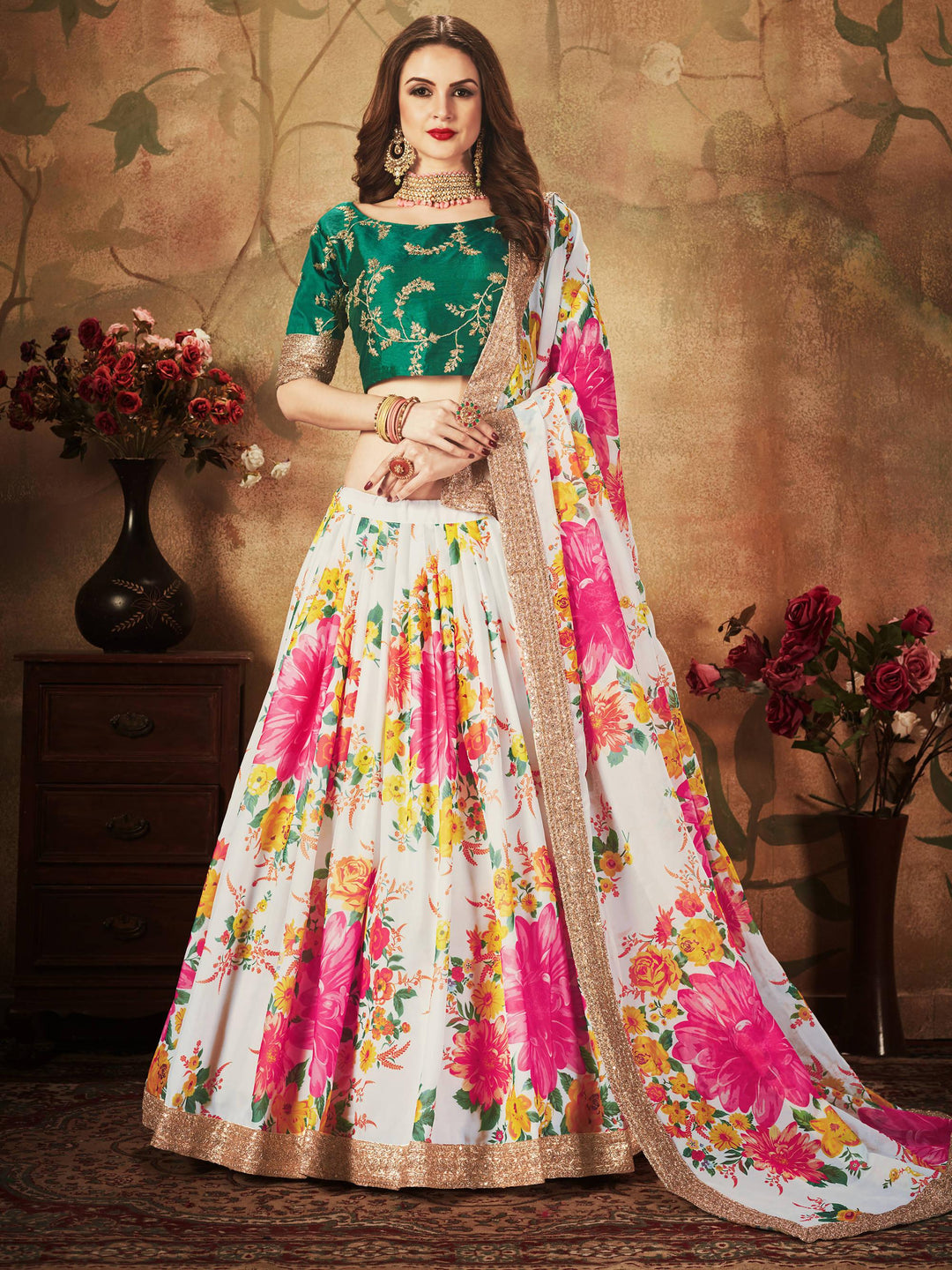 Floral Off-White Bridal Lehenga | Sequins & Zari Work Choli Set