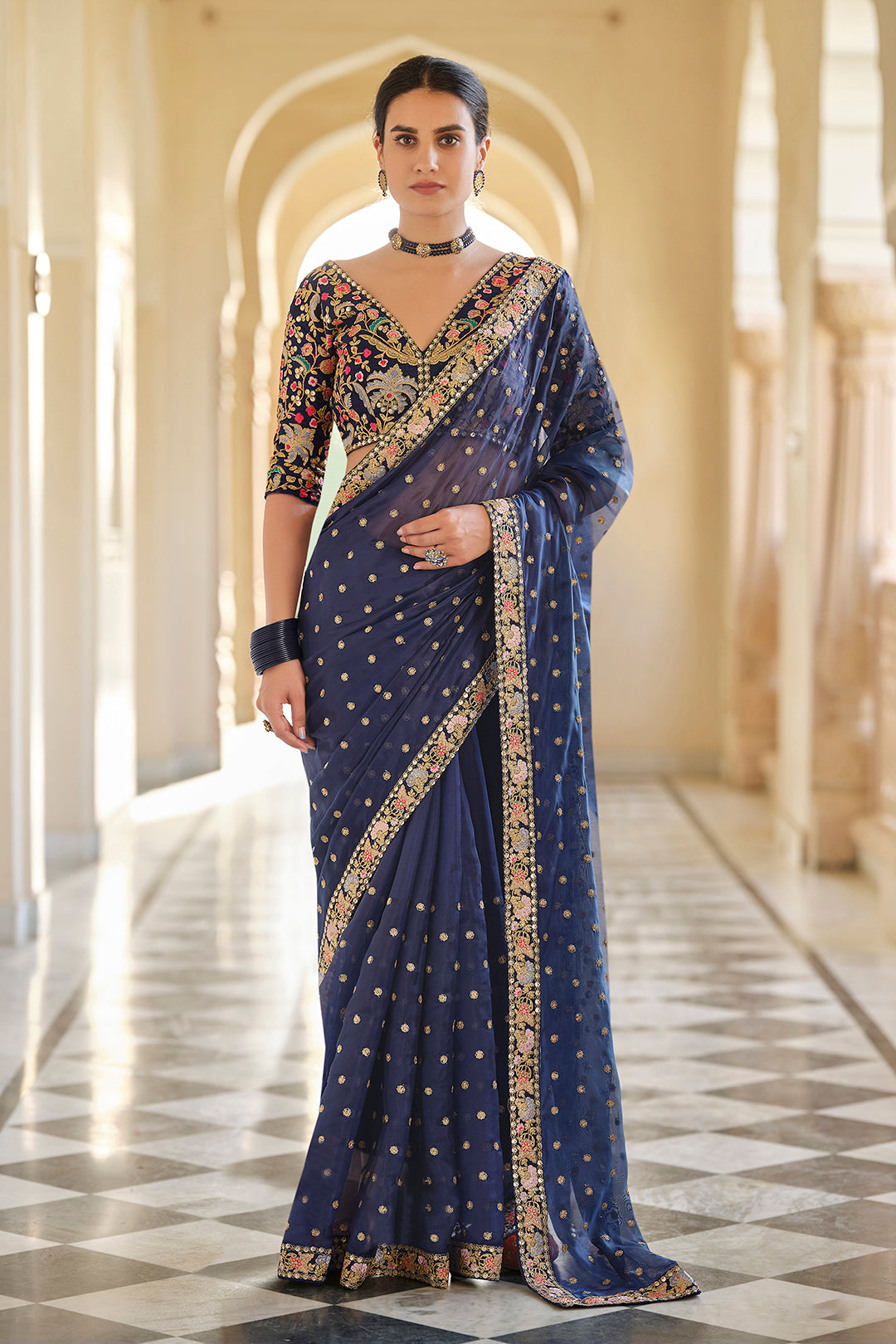 Elegant Dark Blue Saree | Embroidered Organza Saree with Blouse