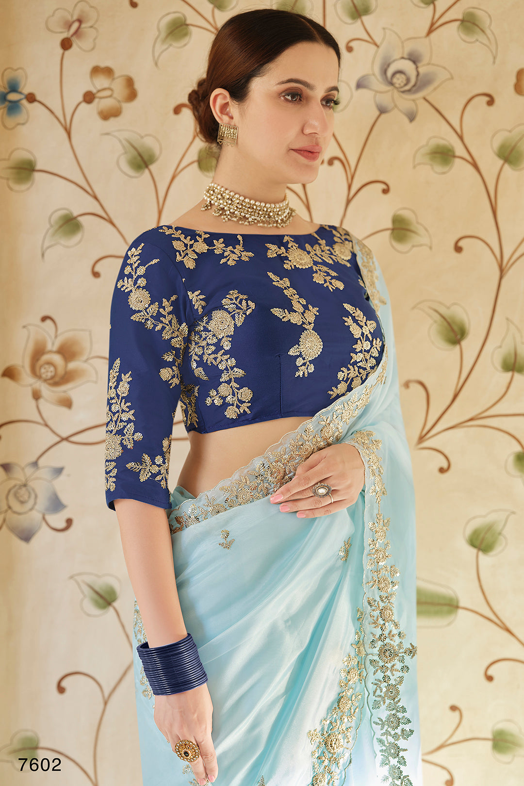 Elegant Light Blue Saree | Embroidered Organza Saree with Blouse