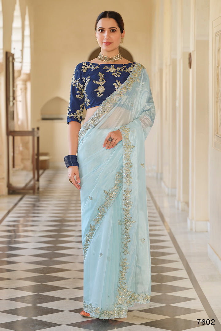 Elegant Light Blue Saree | Embroidered Organza Saree with Blouse