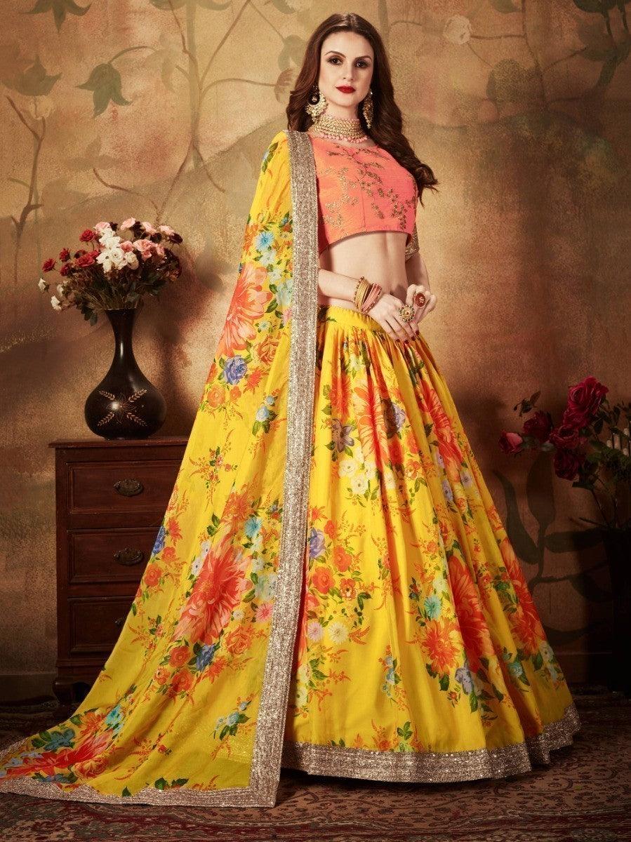 Festive Yellow Lehenga Choli | Digital Print Organza with Peach Blouse