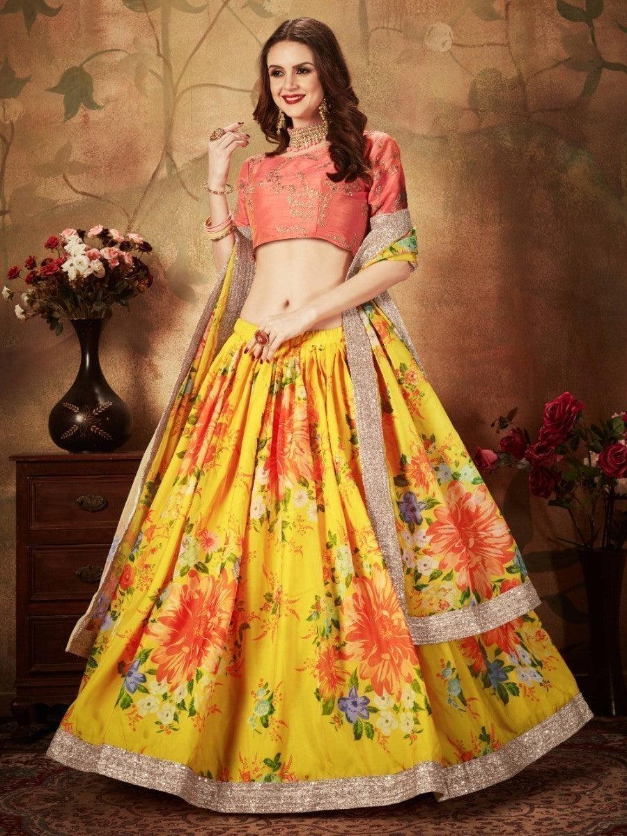 Festive Yellow Lehenga Choli | Digital Print Organza with Peach Blouse