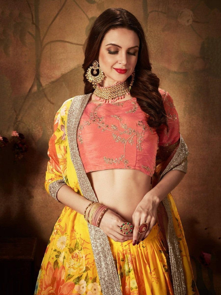 Festive Yellow Lehenga Choli | Digital Print Organza with Peach Blouse