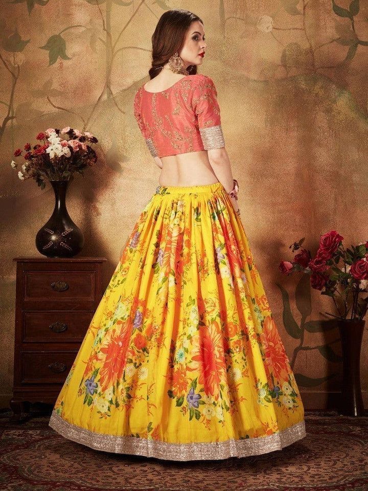 Festive Yellow Lehenga Choli | Digital Print Organza with Peach Blouse