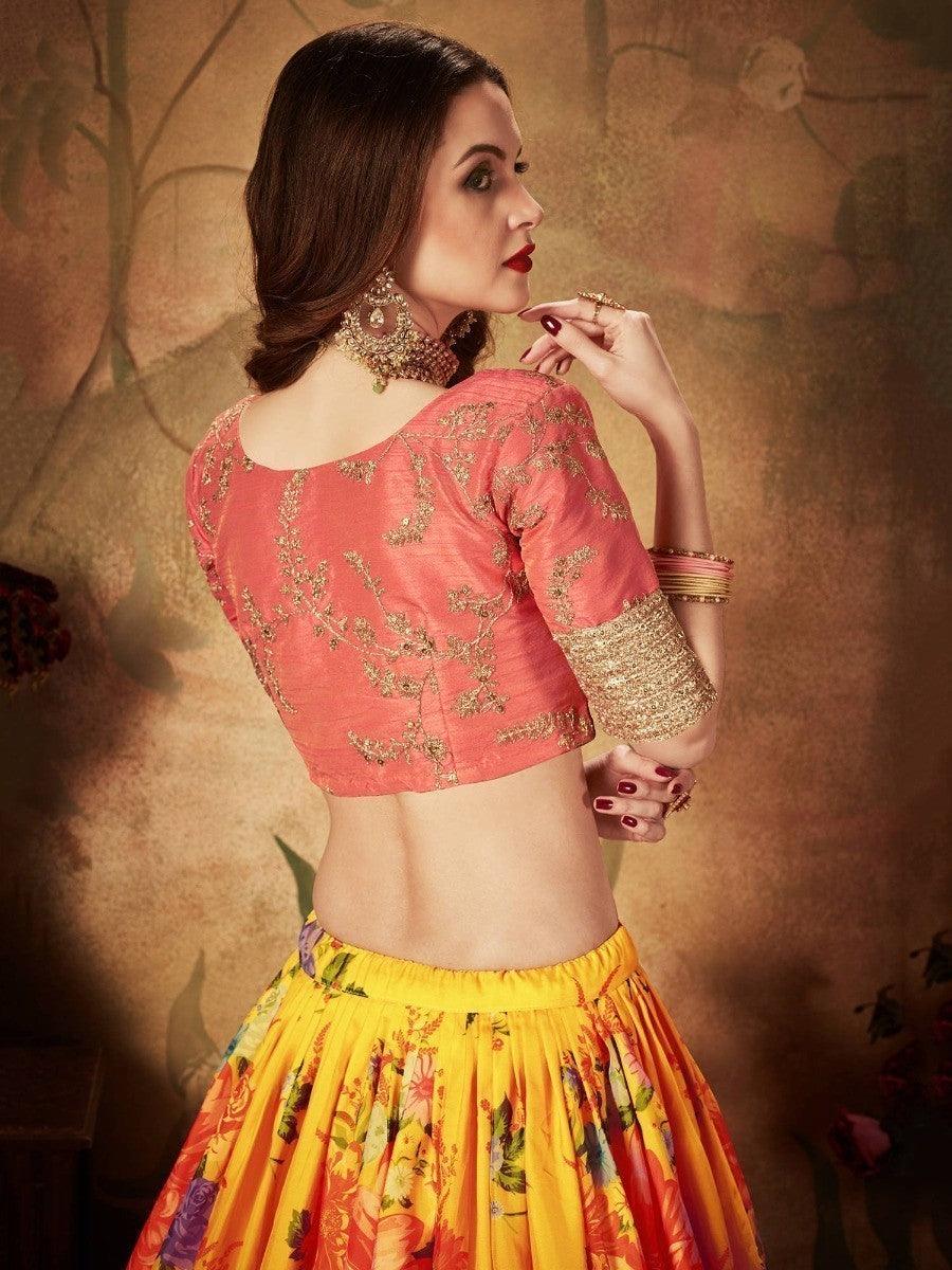 Festive Yellow Lehenga Choli | Digital Print Organza with Peach Blouse