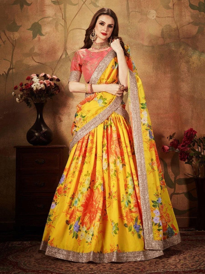 Festive Yellow Lehenga Choli | Digital Print Organza with Peach Blouse