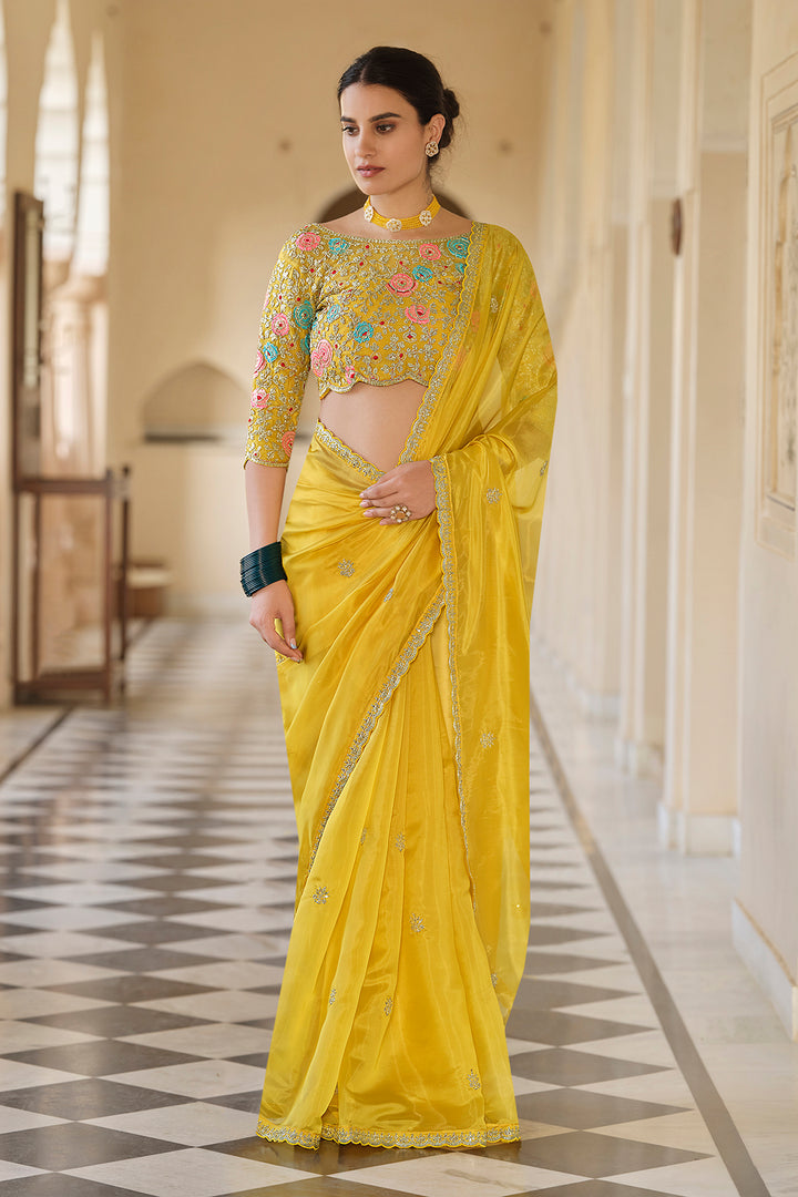 Designer Yellow Saree | Embroidered Organza Saree with Blouse