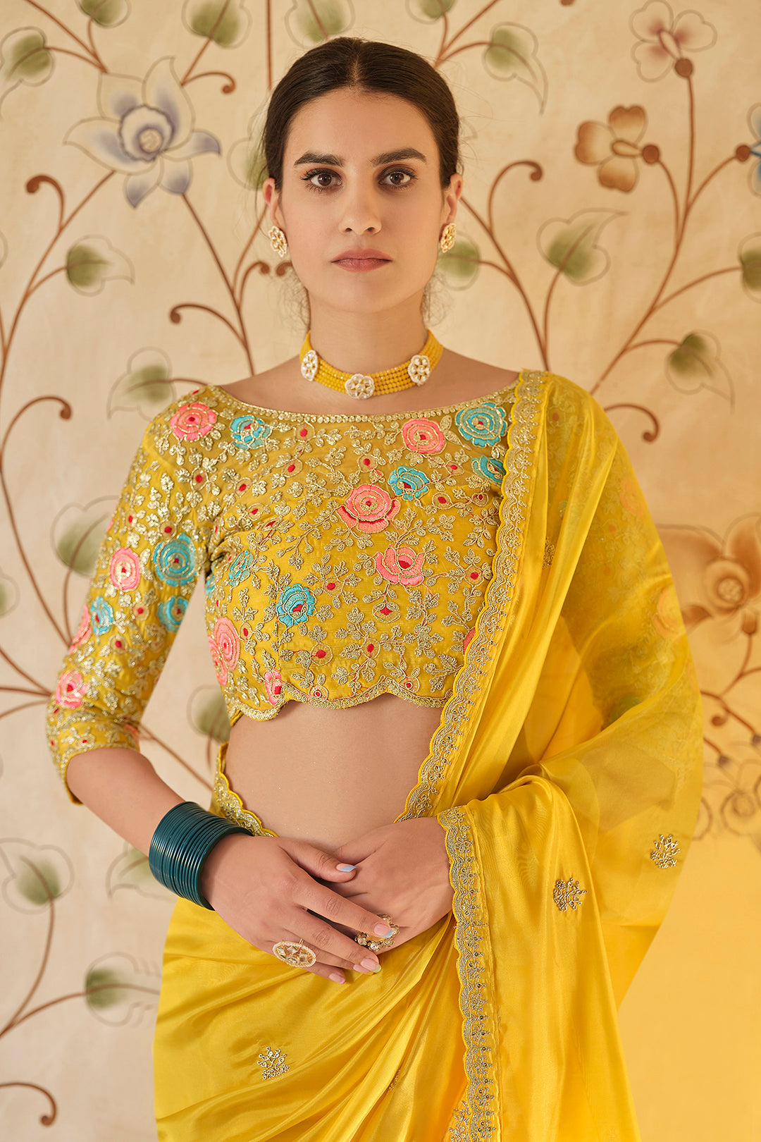 Designer Yellow Saree | Embroidered Organza Saree with Blouse