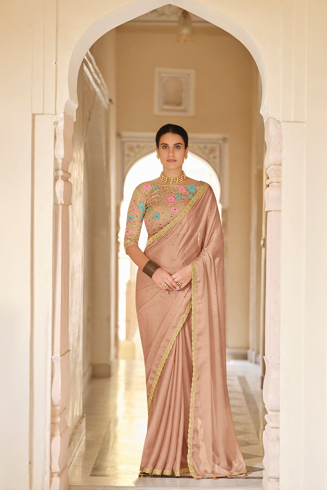 Beige Organza Saree | Thread, Dori & Sequins Embroidery Saree