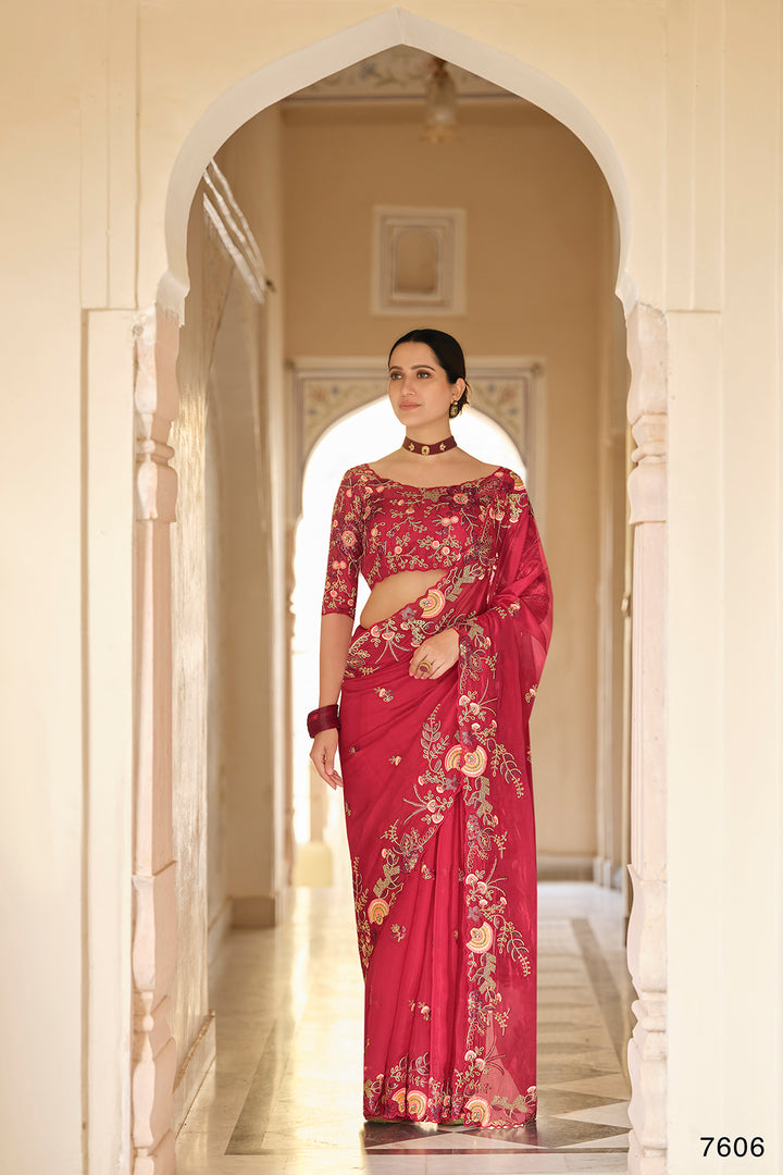 Elegant Organza Saree with Unstitched Blouse | Embroidered Saree