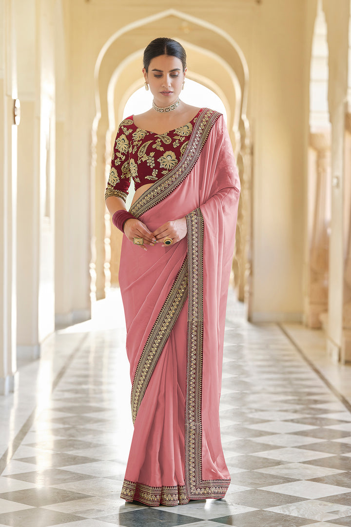 Embroidered Peach Saree | Organza Saree with Sequins and Zari