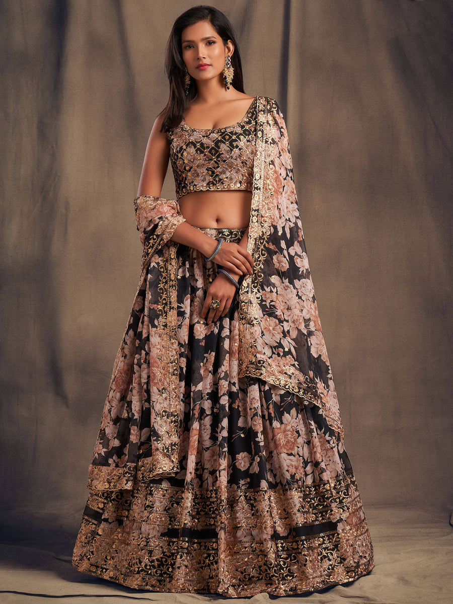 Black floral printed organza lehenga with zari and sequin embroidery