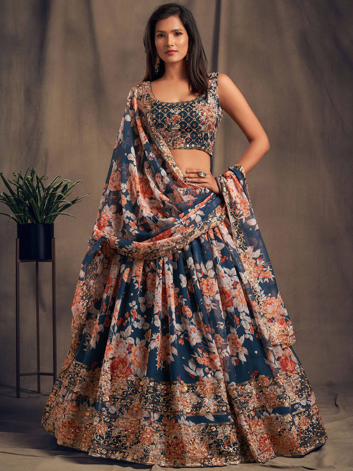 Dove blue floral printed organza lehenga with zari and sequin embroidery