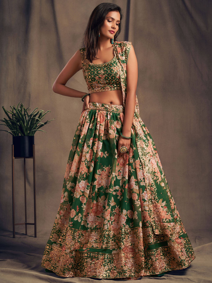 Designer green lehenga choli with matching embroidered dupatta