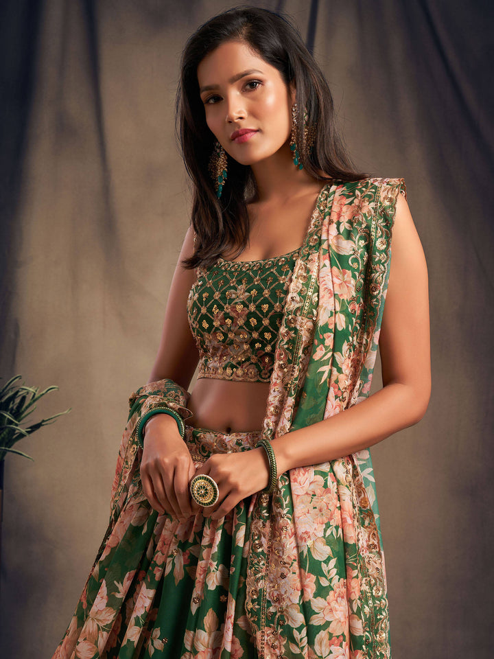 Semi-stitched green lehenga with sequins and zari detail