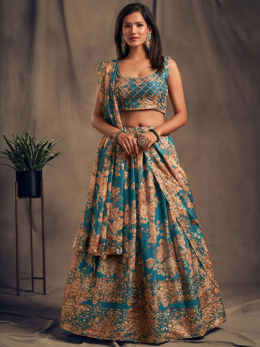 Teal blue organza lehenga with floral print and sequins embroidery