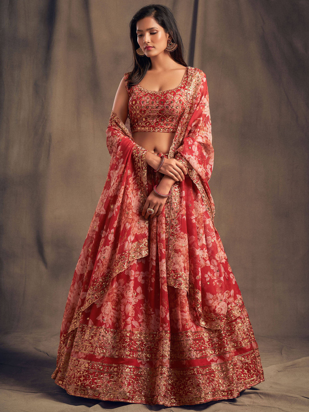 Red lehenga with floral print and sequins embroidery