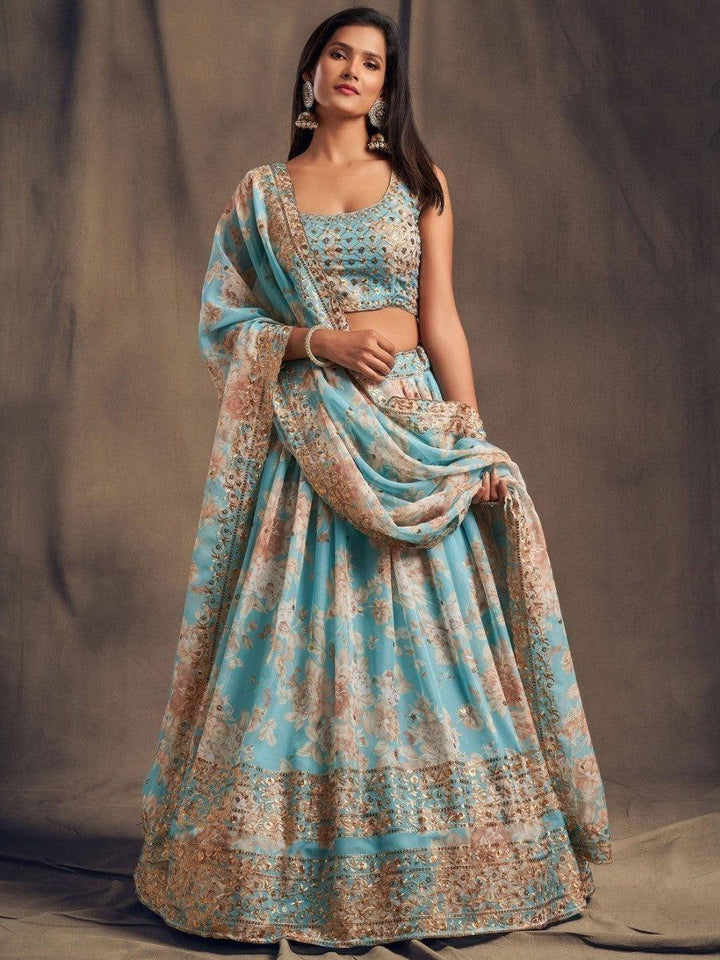 Sky blue lehenga with floral print and sequins embroidery for weddings.