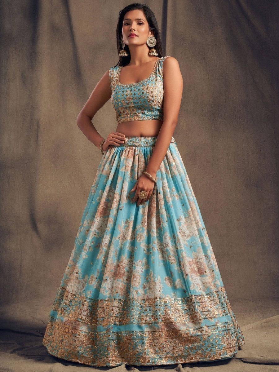 Designer sky blue lehenga choli with sequins detail for special events.