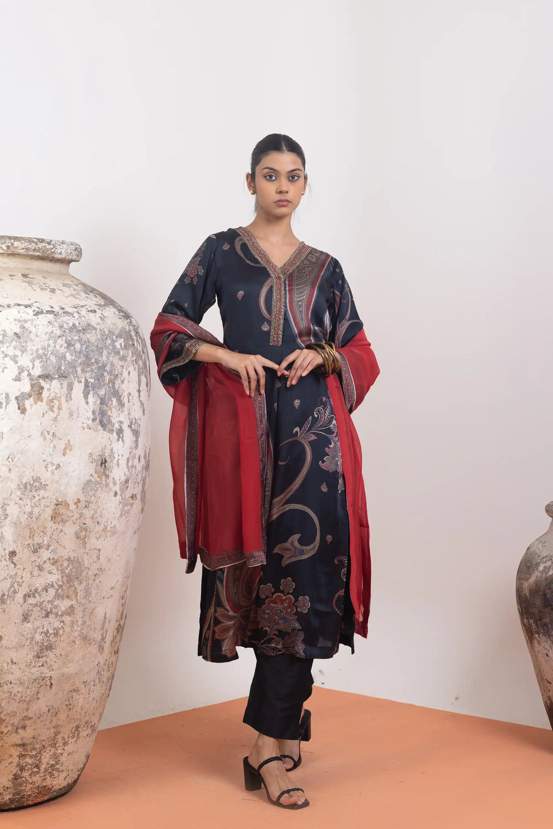 Black Kurtis Set | Beautiful modal-satin hand work linening work Finish