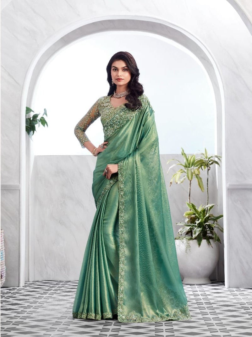 Golden Shimmer Pista Green Silk Saree | Designer Sadi for Special Events