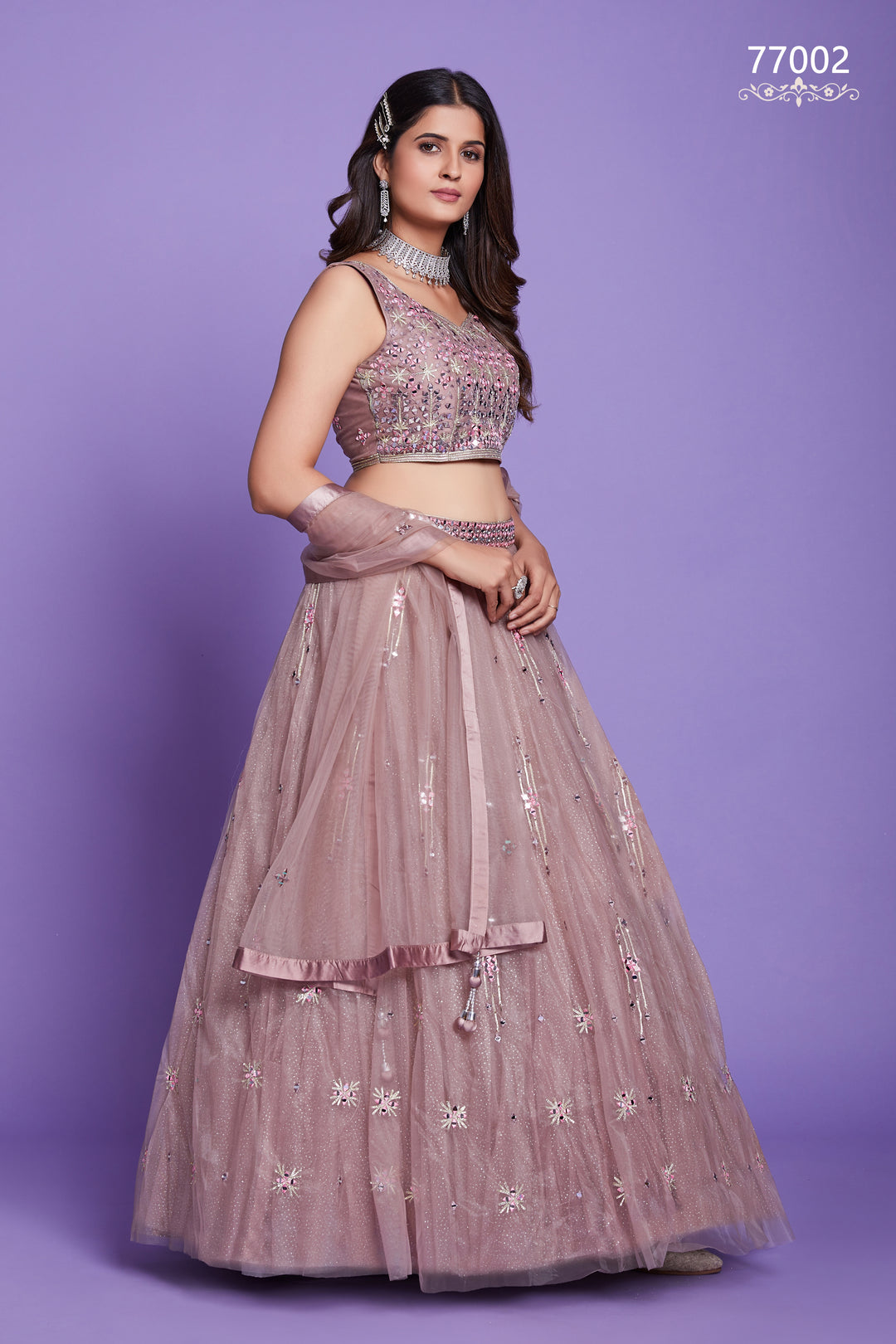 Mauve Net Lehenga | Mirror Work Bridal & Festive Wear Lehenga Choli