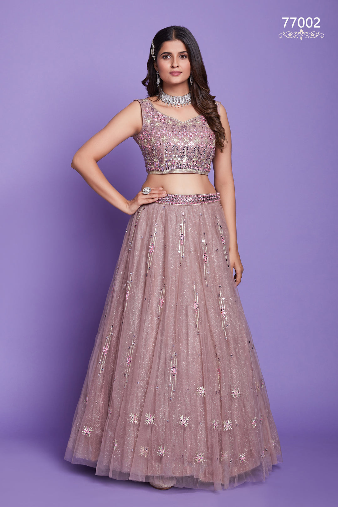 Mauve Net Lehenga | Mirror Work Bridal & Festive Wear Lehenga Choli