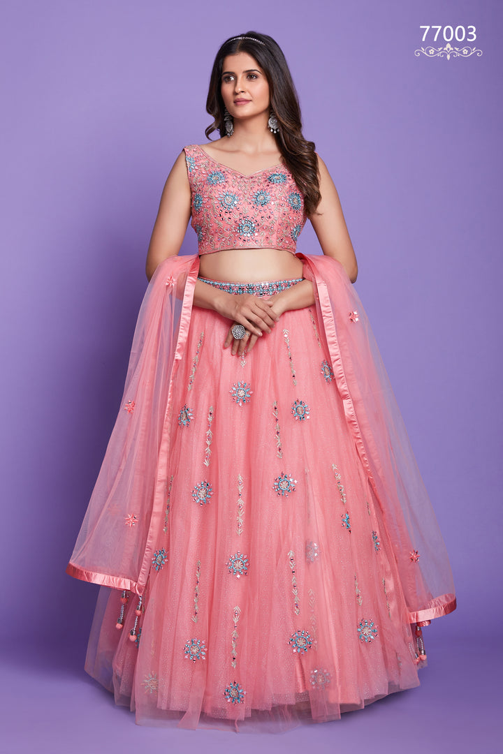 Pink Net Lehenga | Mirror Work Bridal & Festive Lehenga Choli Set