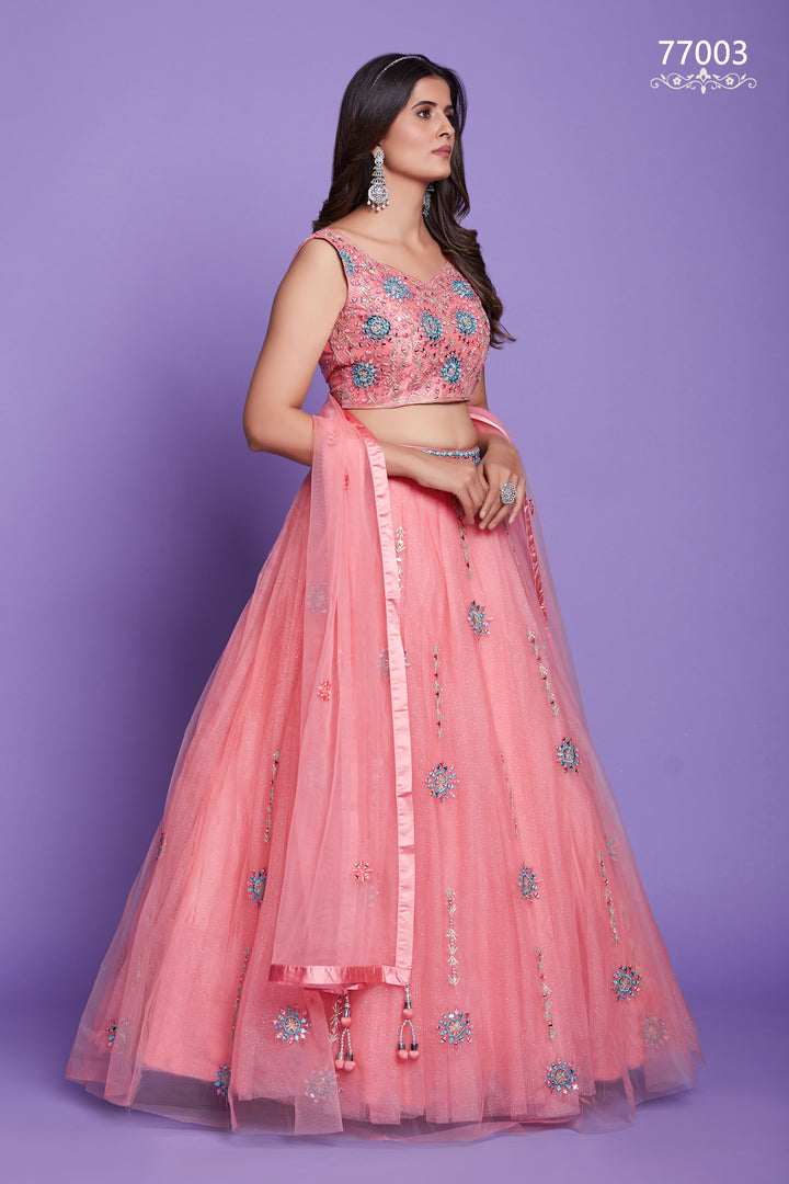 Pink Net Lehenga | Mirror Work Bridal & Festive Lehenga Choli Set