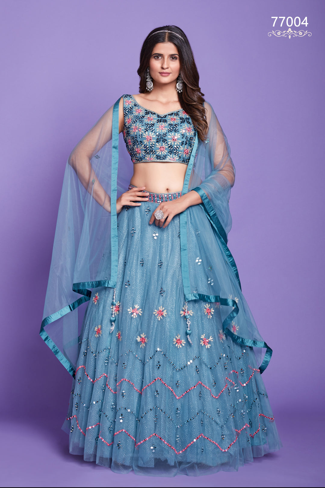 Aqua Soft Net Lehenga | Mirror Work Festive Lehenga Choli