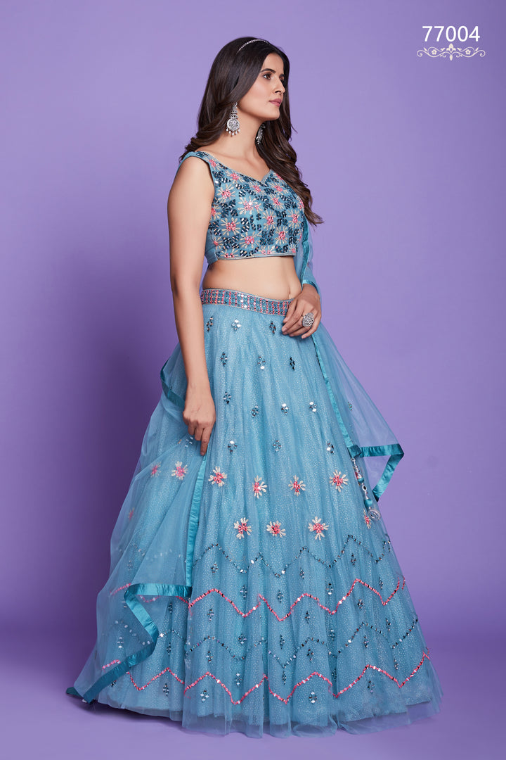 Aqua Soft Net Lehenga | Mirror Work Festive Lehenga Choli