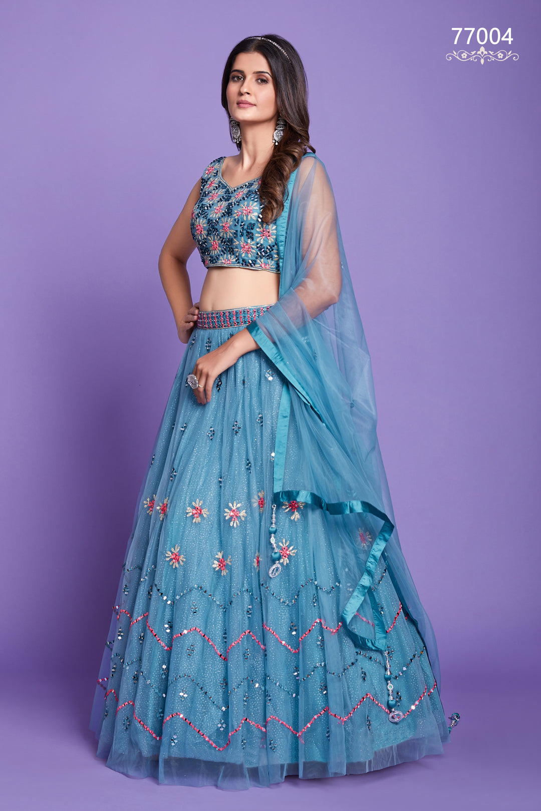 Aqua Soft Net Lehenga | Mirror Work Festive Lehenga Choli