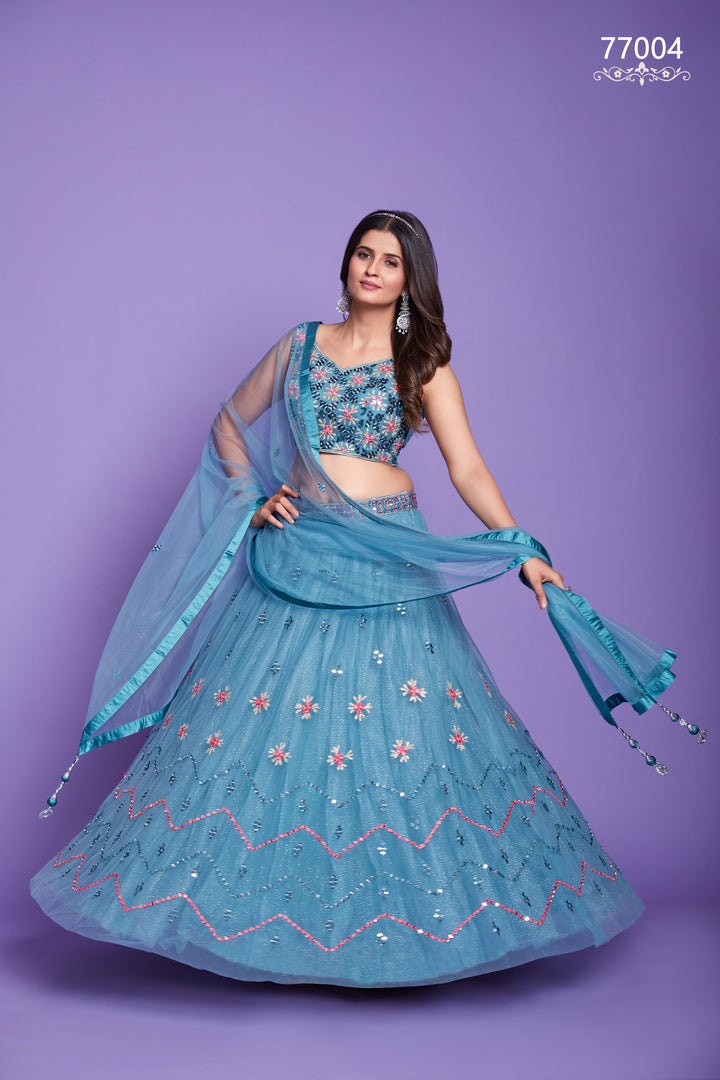 Aqua Soft Net Lehenga | Mirror Work Festive Lehenga Choli