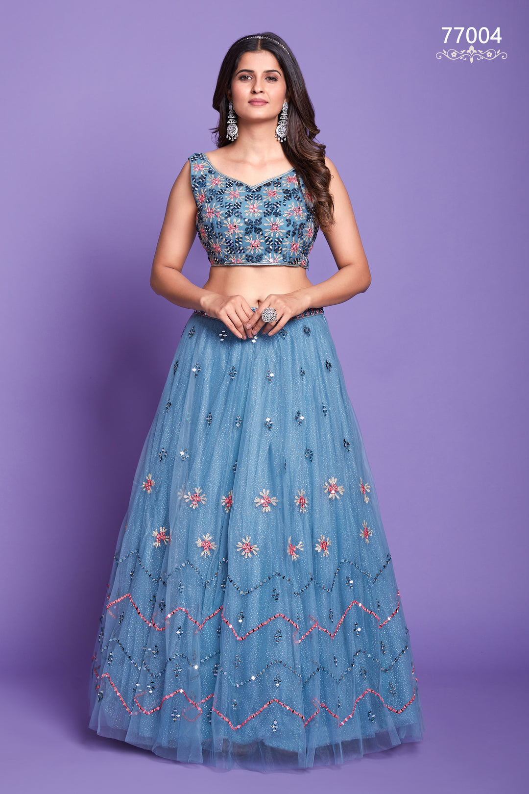 Aqua Soft Net Lehenga | Mirror Work Festive Lehenga Choli