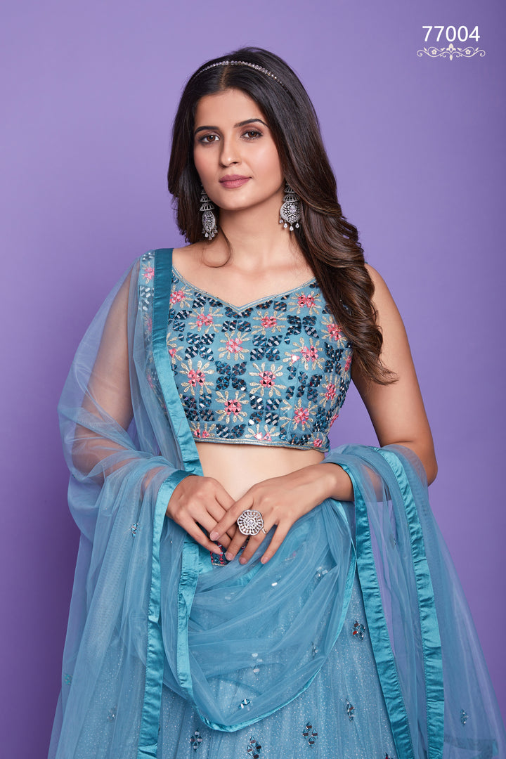 Aqua Soft Net Lehenga | Mirror Work Festive Lehenga Choli