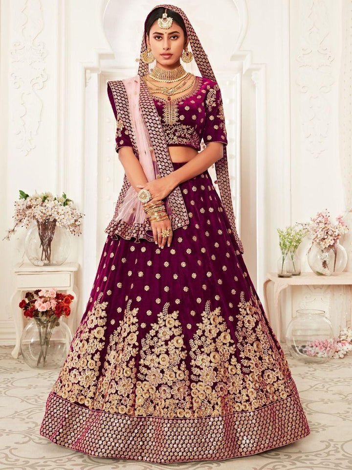 Attractive Purple Embroidered Velvet Bridal Lehenga Choli | Luxury Bridal Wear