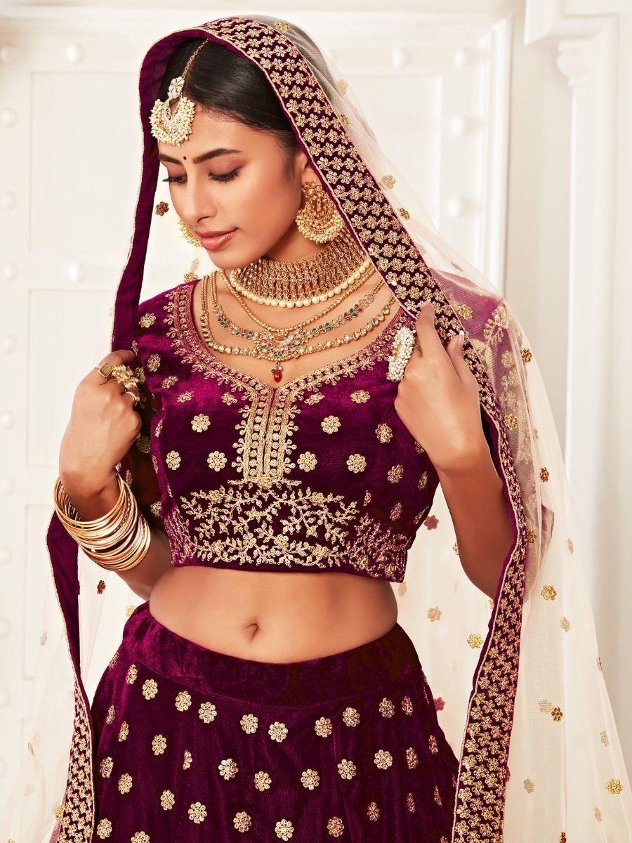 Attractive Purple Embroidered Velvet Bridal Lehenga Choli | Luxury Bridal Wear