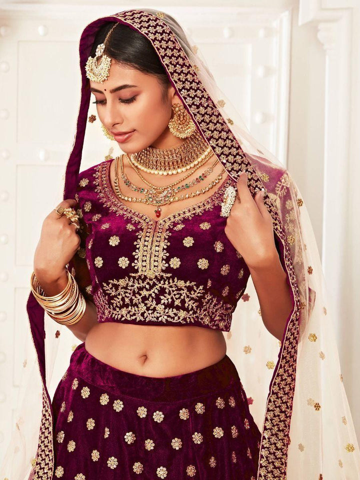 Attractive Purple Embroidered Velvet Bridal Lehenga Choli | Luxury Bridal Wear